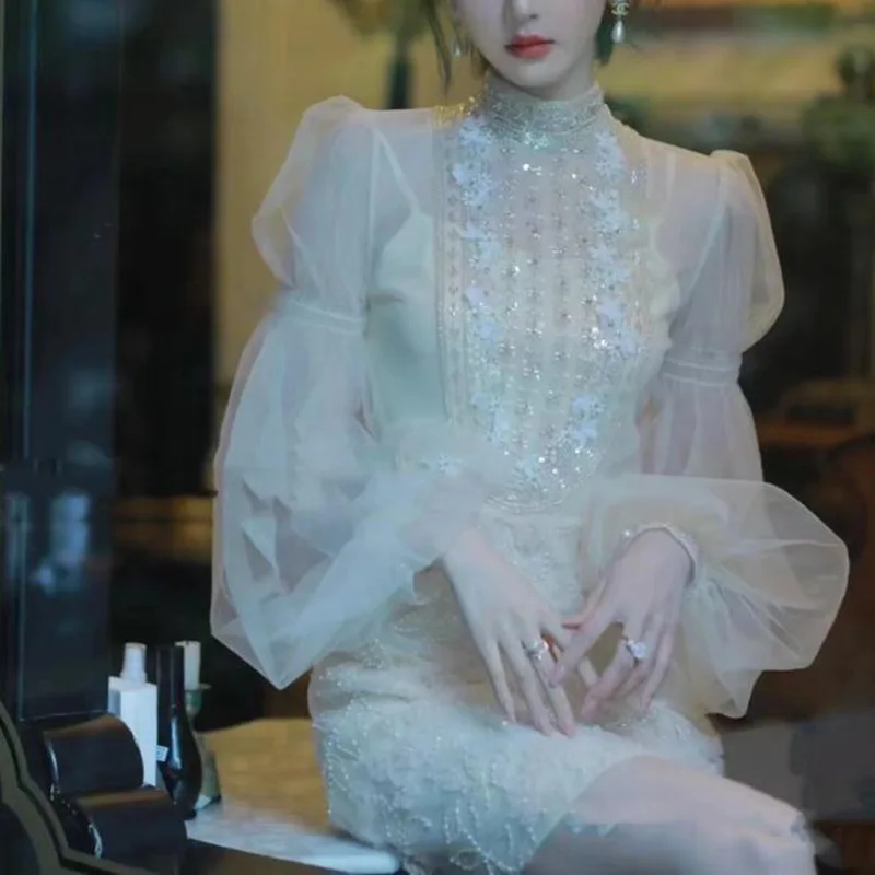 살구색 메쉬 버블 슬리브, 짧은 꽃 구슬 장식, 우아한 연회 이브닝 드레스, 여름 기질 원피스 