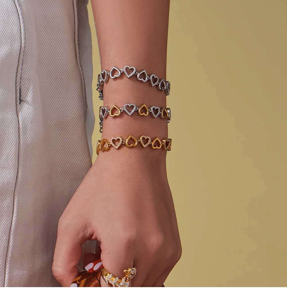 Herzförmige glänzende Zirkon-Kette, Halskette, goldenes Silber, Halsband für Damen, Edelstahl, vergoldetes Armband, Luxus-Schmuckset – Detail 9