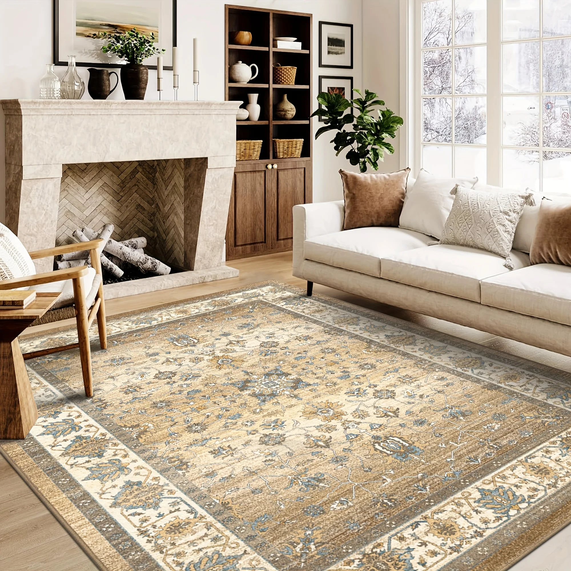 

1pc Area Rugs For Living Room Bedroom, Machine Washable, Non Slip Rubber Backing Floor Mat, Vintage Stain Resistant Aesthetic De
