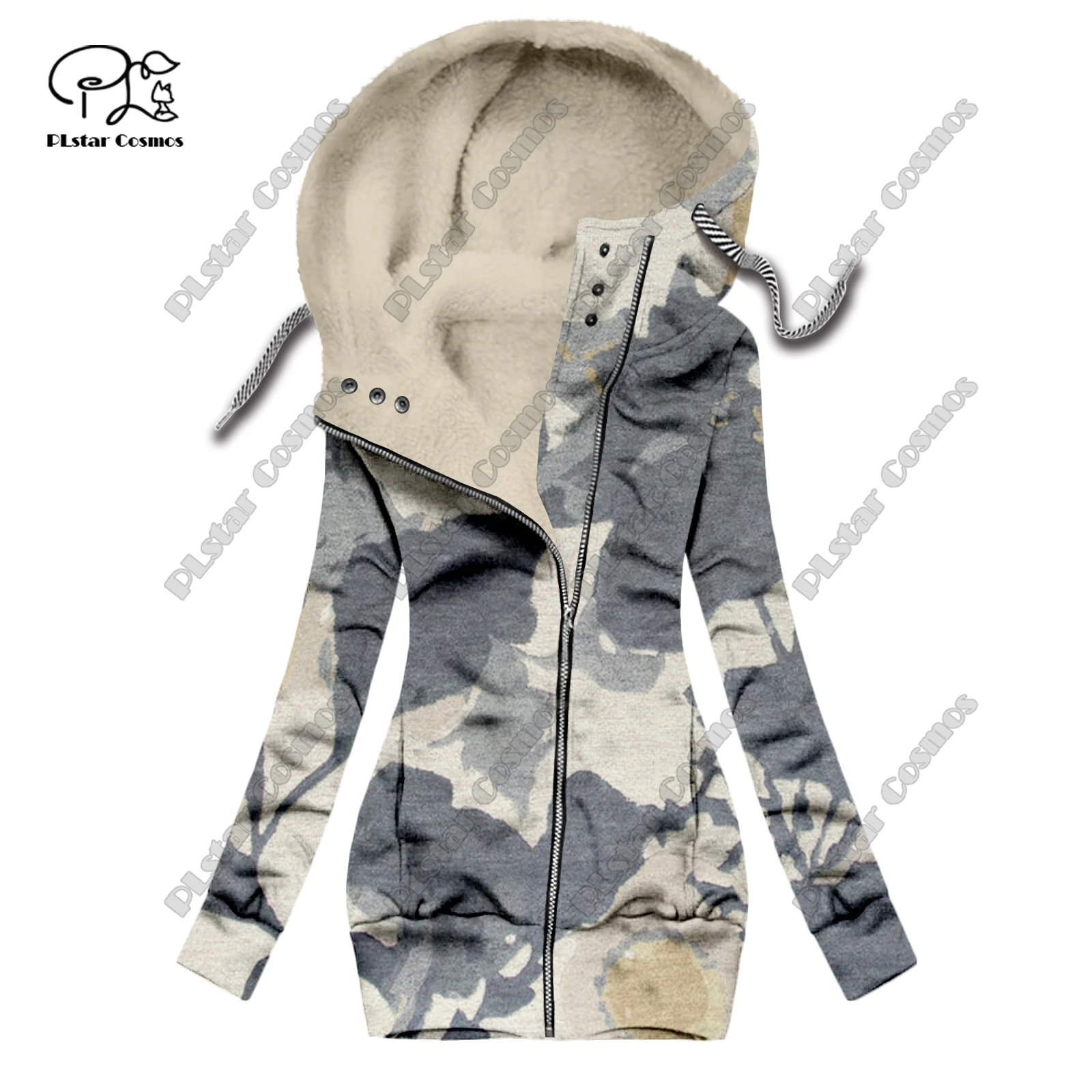 New 3D printing retro series carpet print pattern plus velvet warm women's long zipper hoodie jacket commuting casual winter F-7