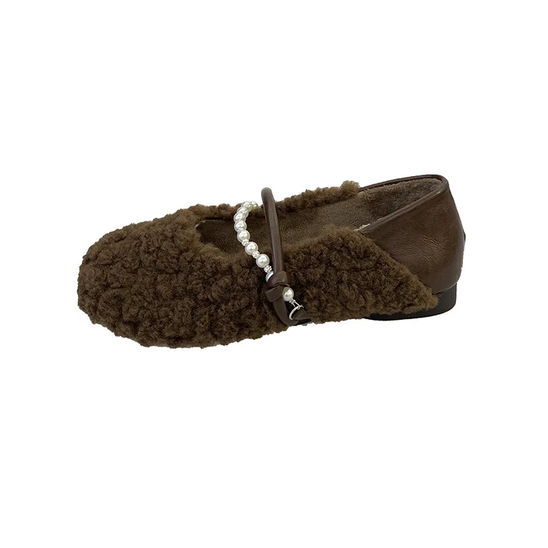 Women's Elegant Warm Shallow Mouth Casual Hairy Flats  Winter Fashion Versatile Soft Soled Comfortable Plush Mary Jane Shoes