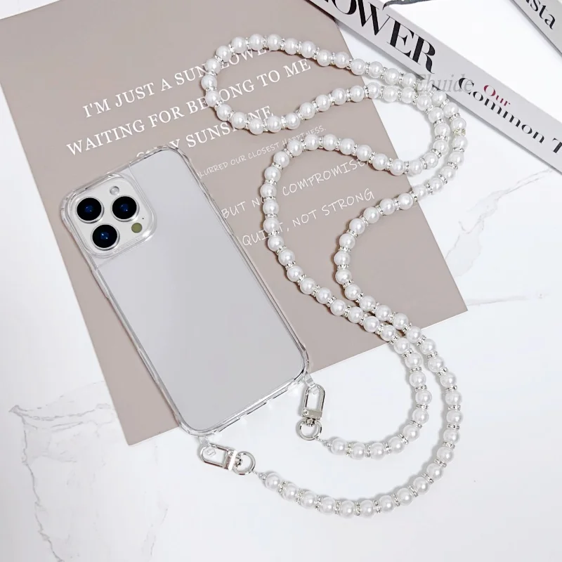 Luxury Pearl Chain Crossbody Strap Shockproof Phone Case with Acrylic Clear Cover