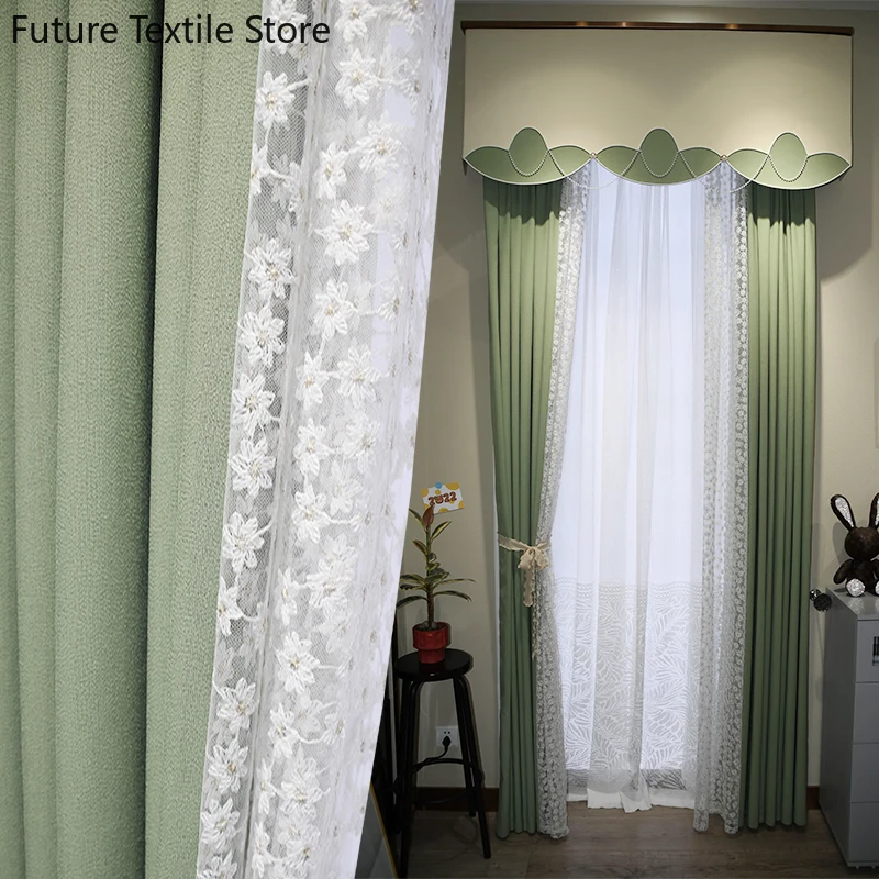 

2023 new small fresh pastoral green cotton linen side gauze curtains for living room bedroom floor-to-ceiling window shading rhj