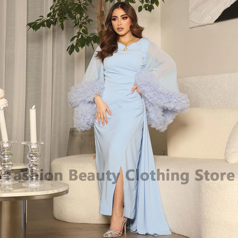 

Prom Dress Jersey Flare Long Sleeve Side Split Ruffle Draped Round Neck Saudi Arabian Women's Vintage Robes De Soirée Dubaï