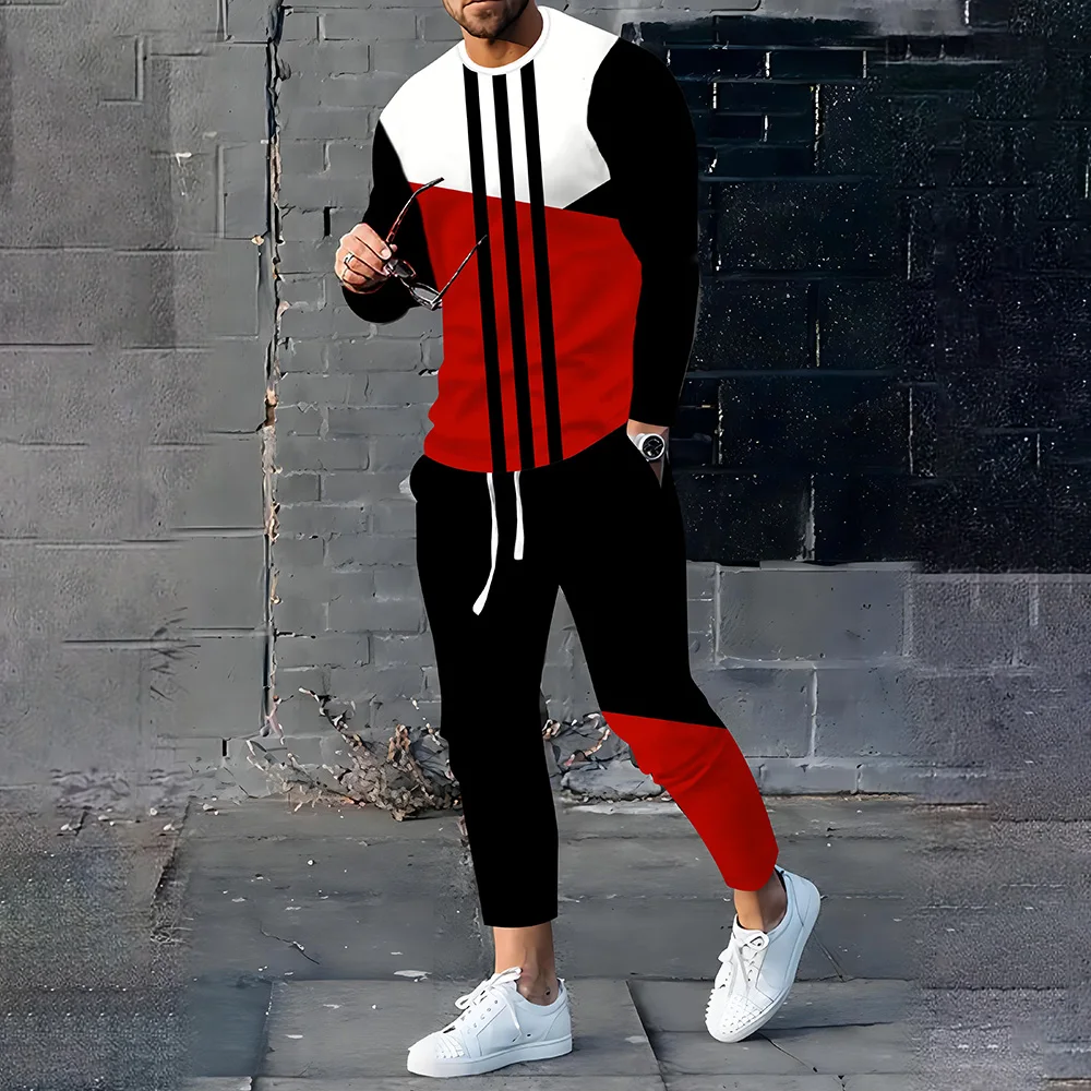 Autumn Men's Long Sleeve Pullover Sweatshirt 2 Piece Outfits Striped Print TShirts Tracksuit Set Drawstring Waist Pant Sweatsuit sports set tracksuit set outdoor suit set sweater set