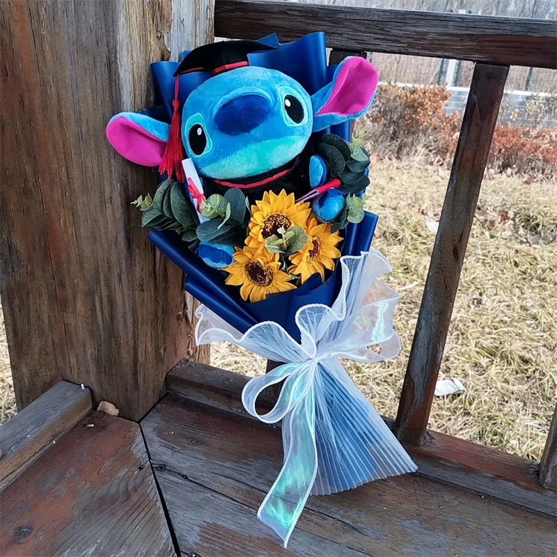 Anime Graduation Stitch Stellalou Plush Doll Toy With Sunflower Handmade Bouquet Stuffed Animals Valentine Christmas Gift 2