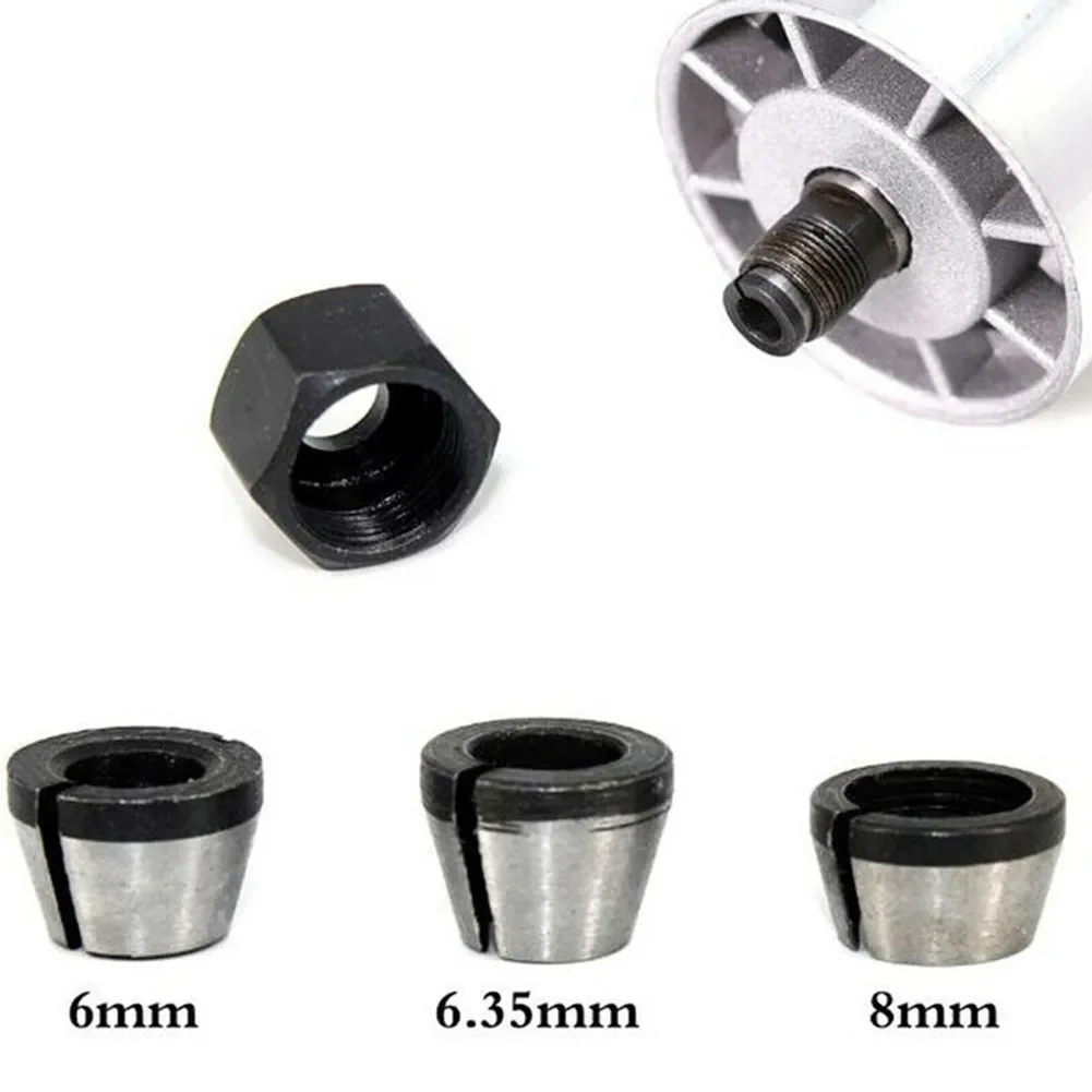 Collet Chuck Adapter With Nut 1set 6mm 6.35mm 8mm Carbon Steel For Engraving Trimming Machine Woodworking Tool Wood Router Parts collet chuck adapter