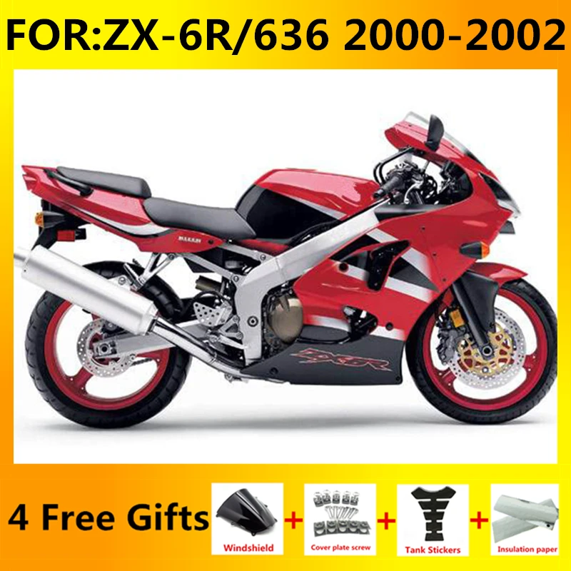 

Комплект обтекателей для мотоцикла, подходит для Ninja ZX-6R ZX6R zx 6r 636 2000 2001 2002, полный комплект обтекателей для кузова, красный, черный