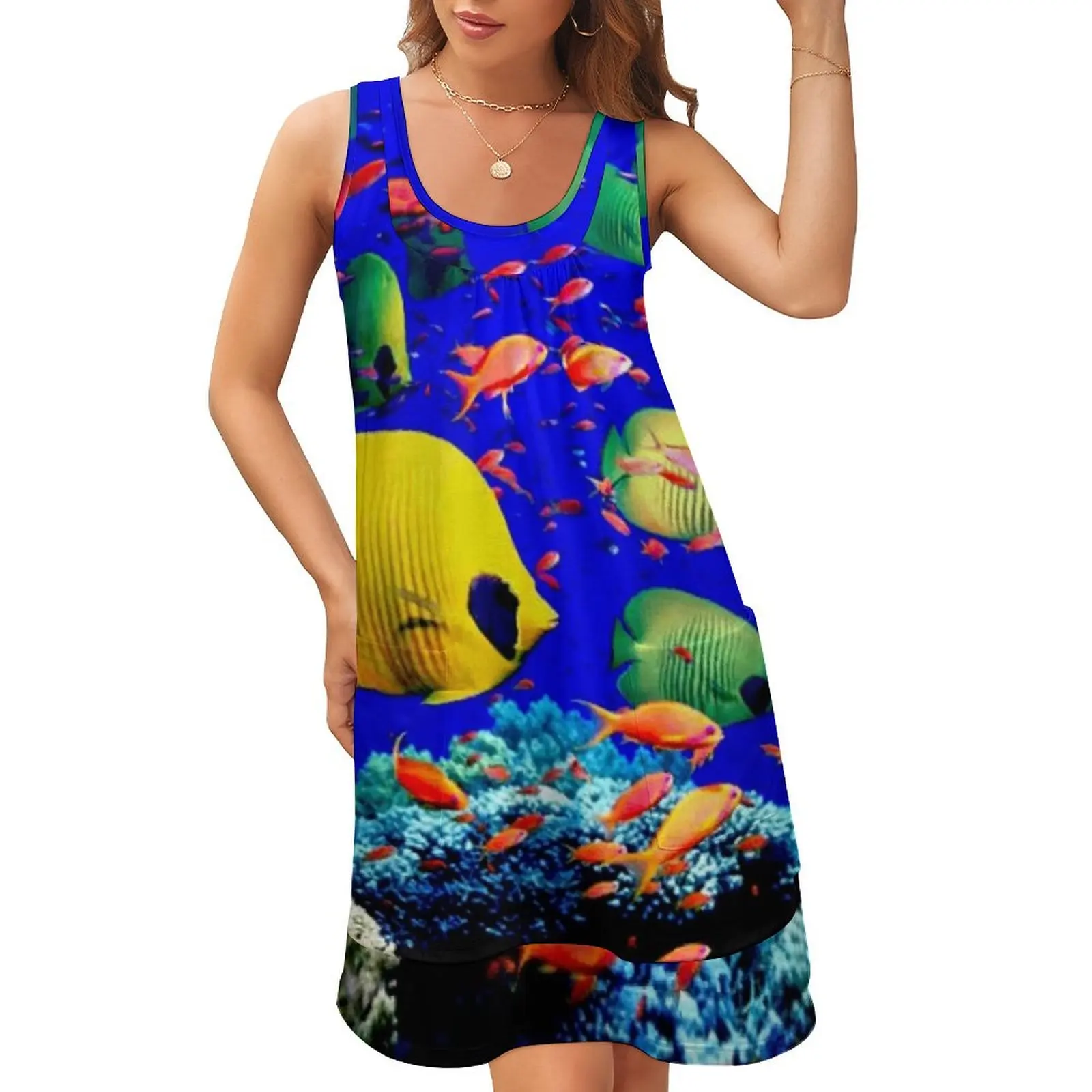 

AUSTRALIA-QUEENSLAND : Great Barrier Coral Reef Print Sleeveless U-Neck Fake Two Piece Dress purple dress ceremony dresses