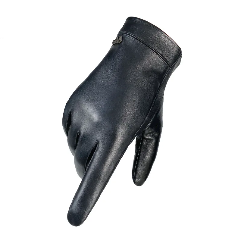 Genuine Sheepskin Leather Gloves Men Full Finger Winter Warm Touchscreen Texting Driving Motorcycle Fleece Business Black Gloves 5
