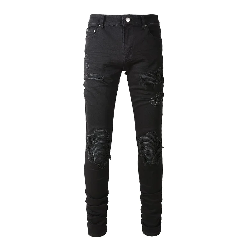 

A8520 мужские рваные расклешенные старинные джинсы мода тощий черный брюки дизайнерский бренд хип-хоп конические брюки карандаш