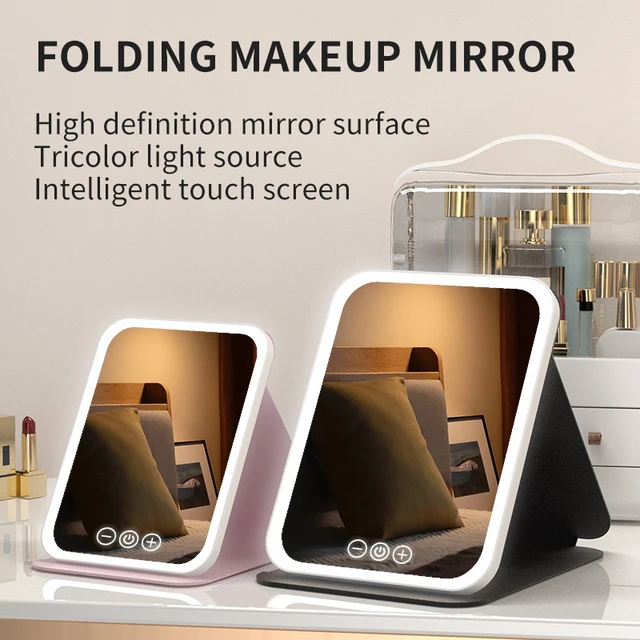Miroir de maquillage LED à intensité variable, 3 couleurs, avec écran tactile, pliable, cosmétique, table rechargeable, pour voyage et usage domestique 1