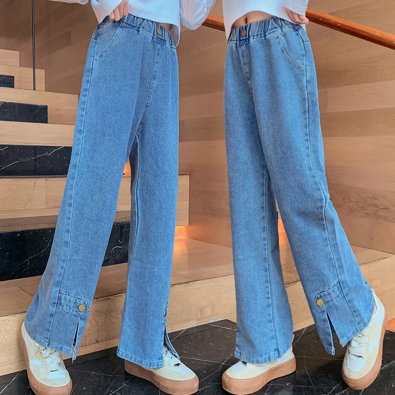 

New Arrivals Spring Autumn Kids Jeans Denim Pants with Button Solid Color Girls Clothes Children Elastic Waist Trousers 5-14Year