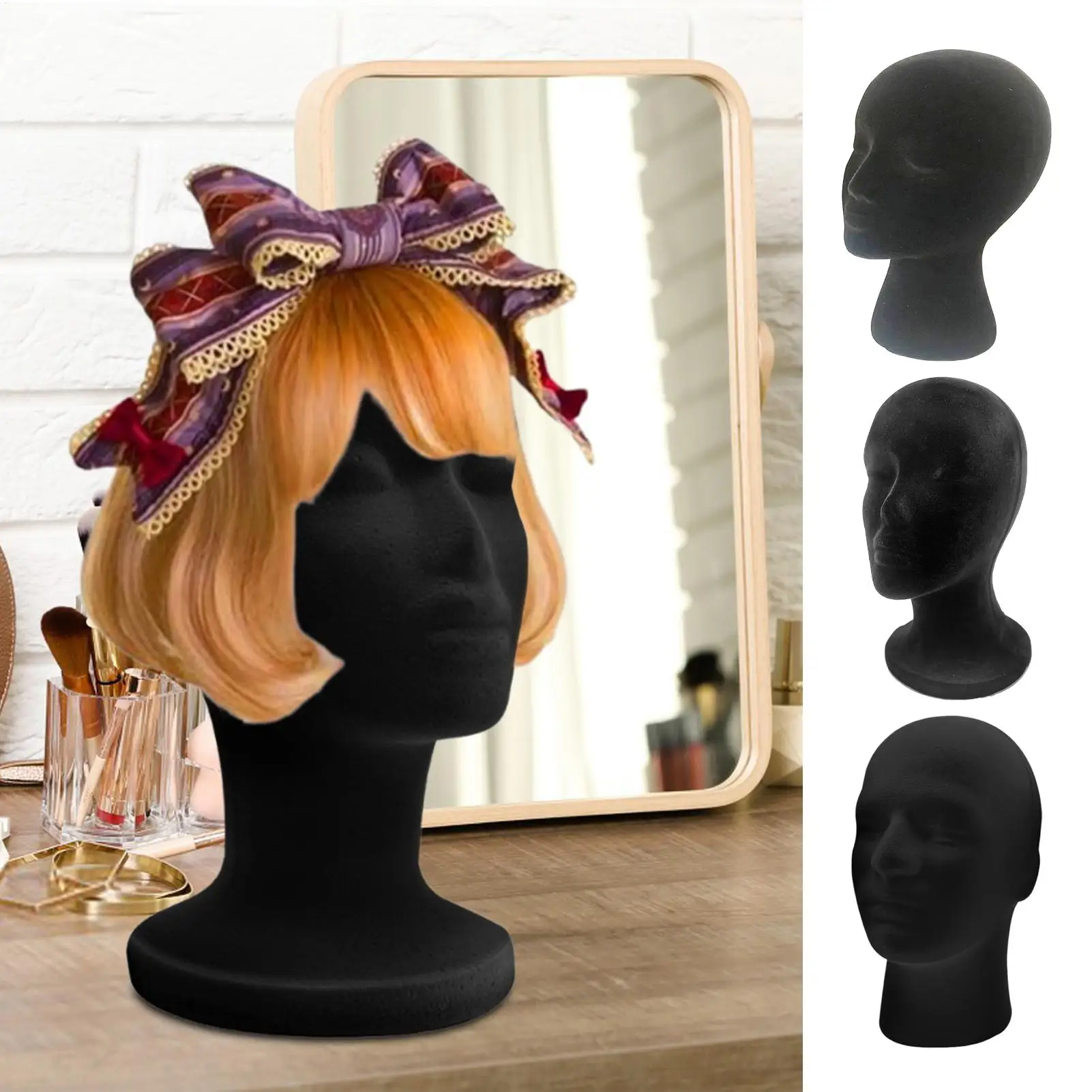 Testa di Manichino in Schiuma Nera con Rivestimento in Velluto, Espositore per Parrucche, Modello per Cosmetologia e Bellezza - immagine 6