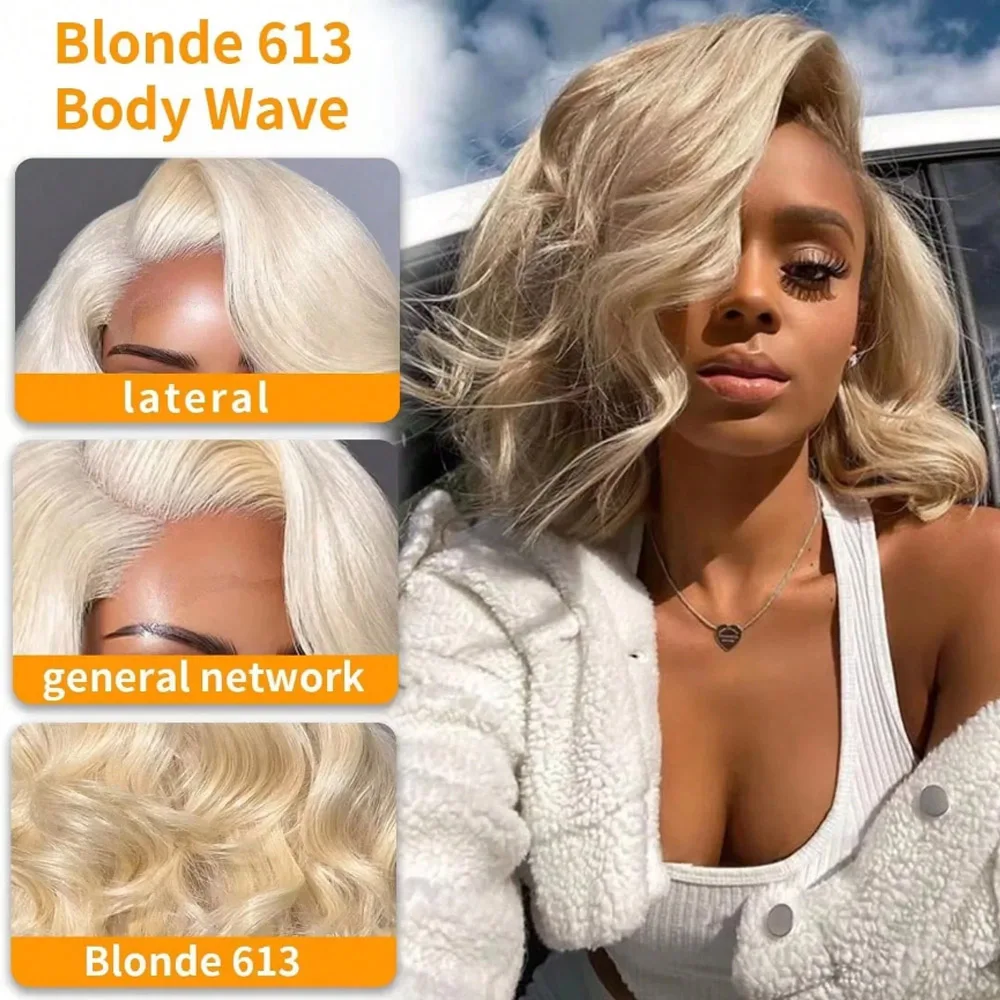 250% Density 13x4 HD Lace Frontal Wig Body Wave Bob 613 Honey Blonde Body Short Bob Transparent Lace Frontal Wig 16 Inch