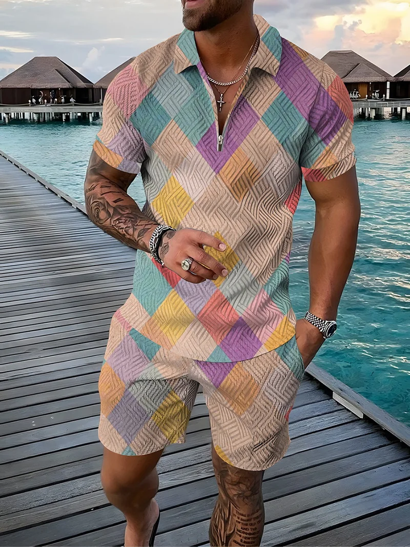 TrendAura Men's Summer Hawaiian Polo and Shorts Set 3D Printed Streetwear Outfit