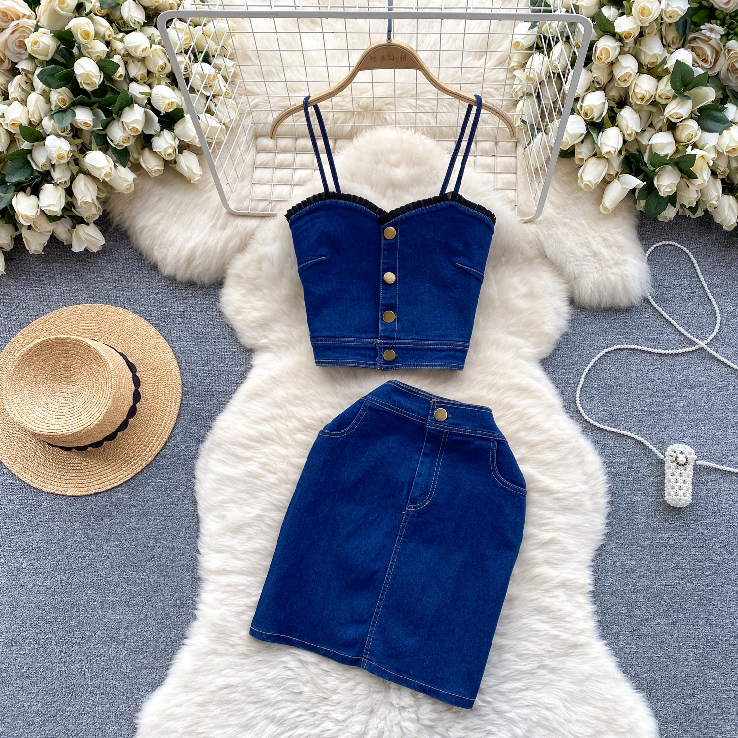 

Women Summer Denim Skirt Sets Spaghrtti Strap Patch Lace V-neck Denim Camisole+High Waist Hips Skirt 2pcs Female Casual Outfits