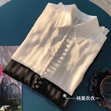 

Sexy & Club New 2022 Full Sleeve Thin See Through Shirt Women Blouse High Quality V-Neck Striped Vintage Top Back White