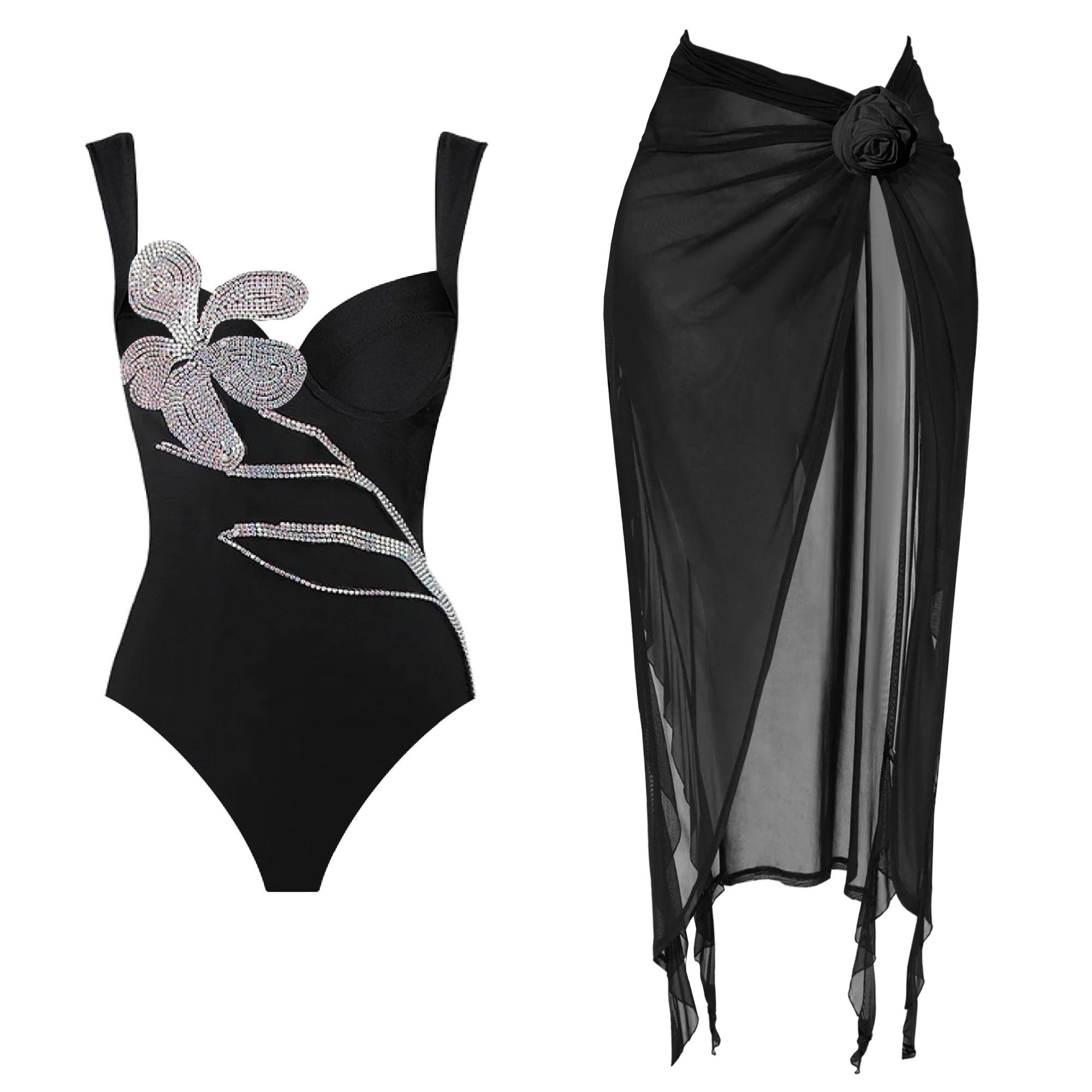 One Piece Swimsuit Women Swimwear with Beach Skirt V Neck Bathing Suit Flower Beachwear Monokini Swim Summer