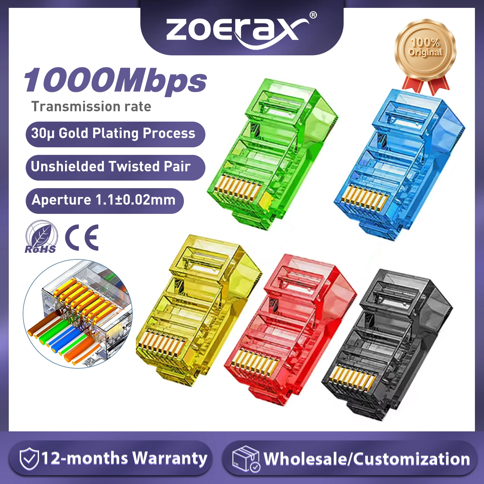 ZoeRax RJ45 Cat6 패스 스루 커넥터, 다양한 색상, 솔리드 또는 연선 UTP 네트워크 케이블용 EZ-압착 모듈형 플..