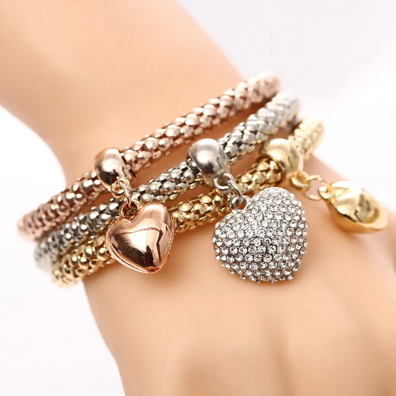 

3Pcs/Set Crystal Love Heart Charms Bracelets for Women Gold Plated Owl Elephant Pendant Bracelets Set Party Jewelry
