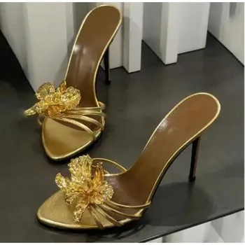 2025 Women Black Gold Genuine Leather Gold Metal Flower Open Toe Shallow Slip On Stiletto Heel Slide Slippers Sandals 1