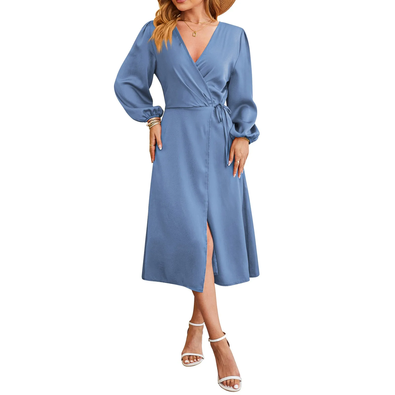 

Летнія сукенкі Women's V-Neck Waist Long Sleeve Hem Split Sexy Fashion Simple and Fashionable Comfortable Dresses