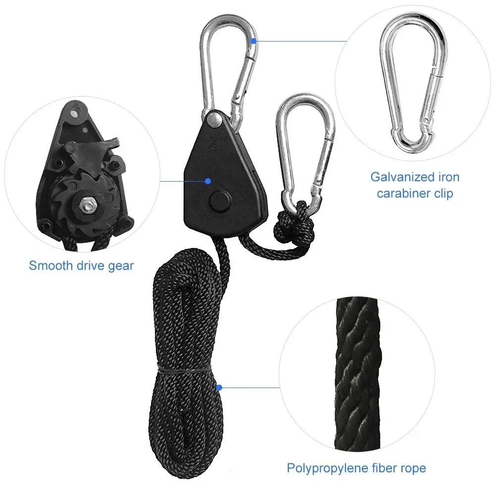 Lanyard 5m Adjustable 8inch Lanyard Hanging for Outdoors Camping Grow Plant Lamp Rope Ratchet Hanger Pulley Lifting Pulley Hook