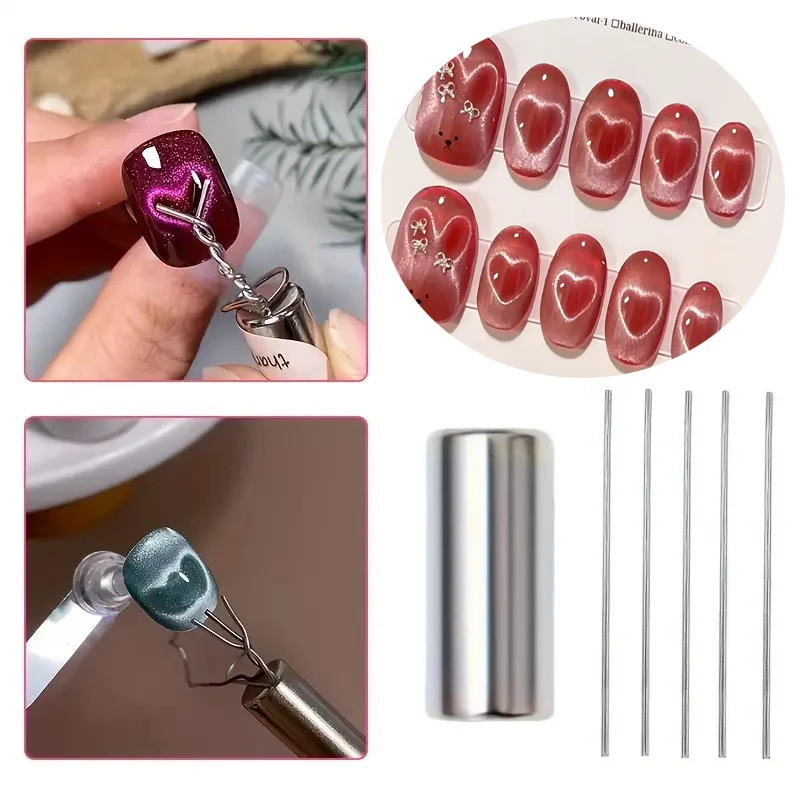 Cat Eye Nail Magnet Set Flexible Iron Wire Create Precise Heart Ingot Shapes Soft Iron Wire Nail Art Accessories 6Pcs cat eye nail tool magnetic nail art tools magnetic nail tools