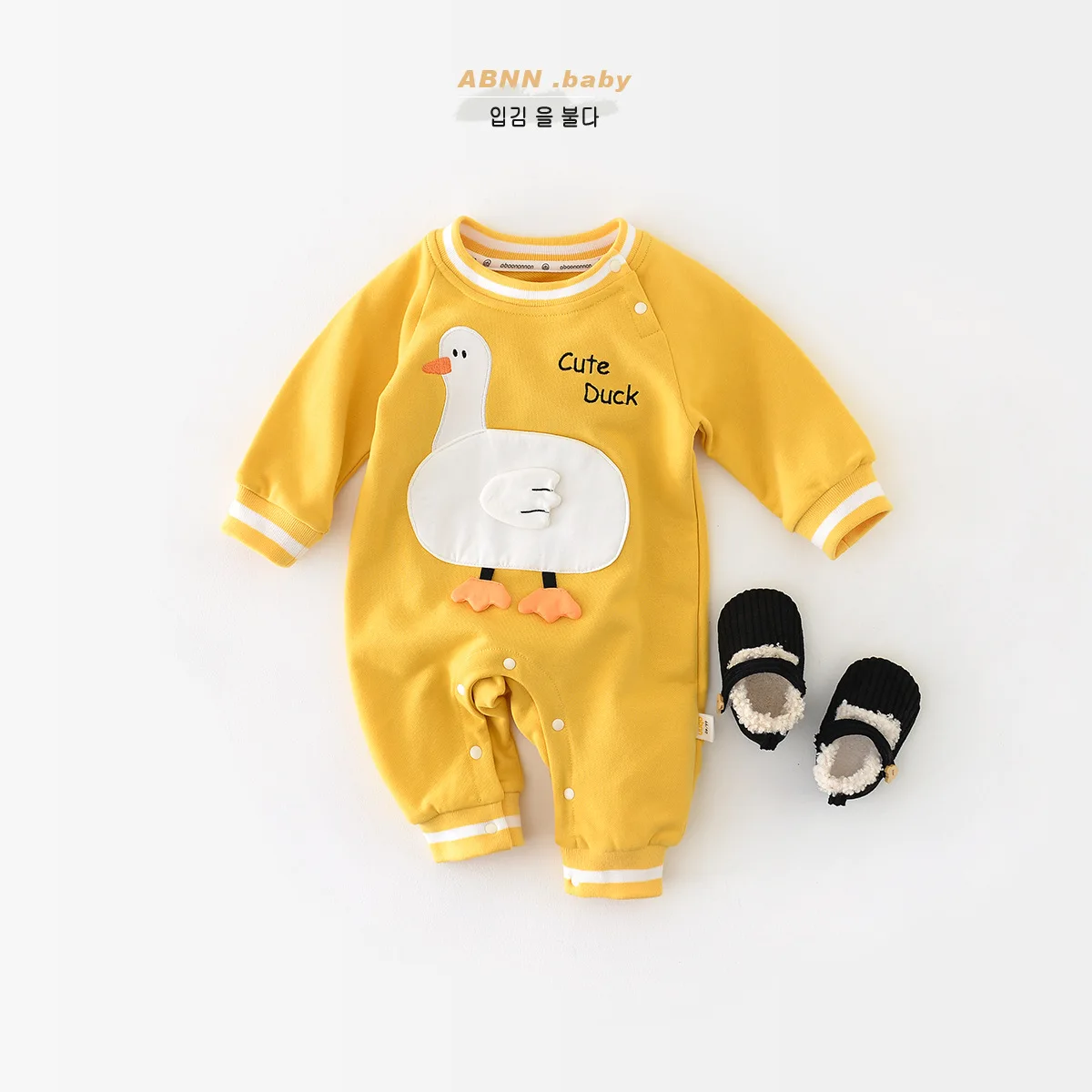 Autumn Ins 2025 Newborn Baby Boys Bodysuit Cotton Long Sleeve Duck Patched Infant Boys Rompers Loose Toddler Boys Pullovers 3