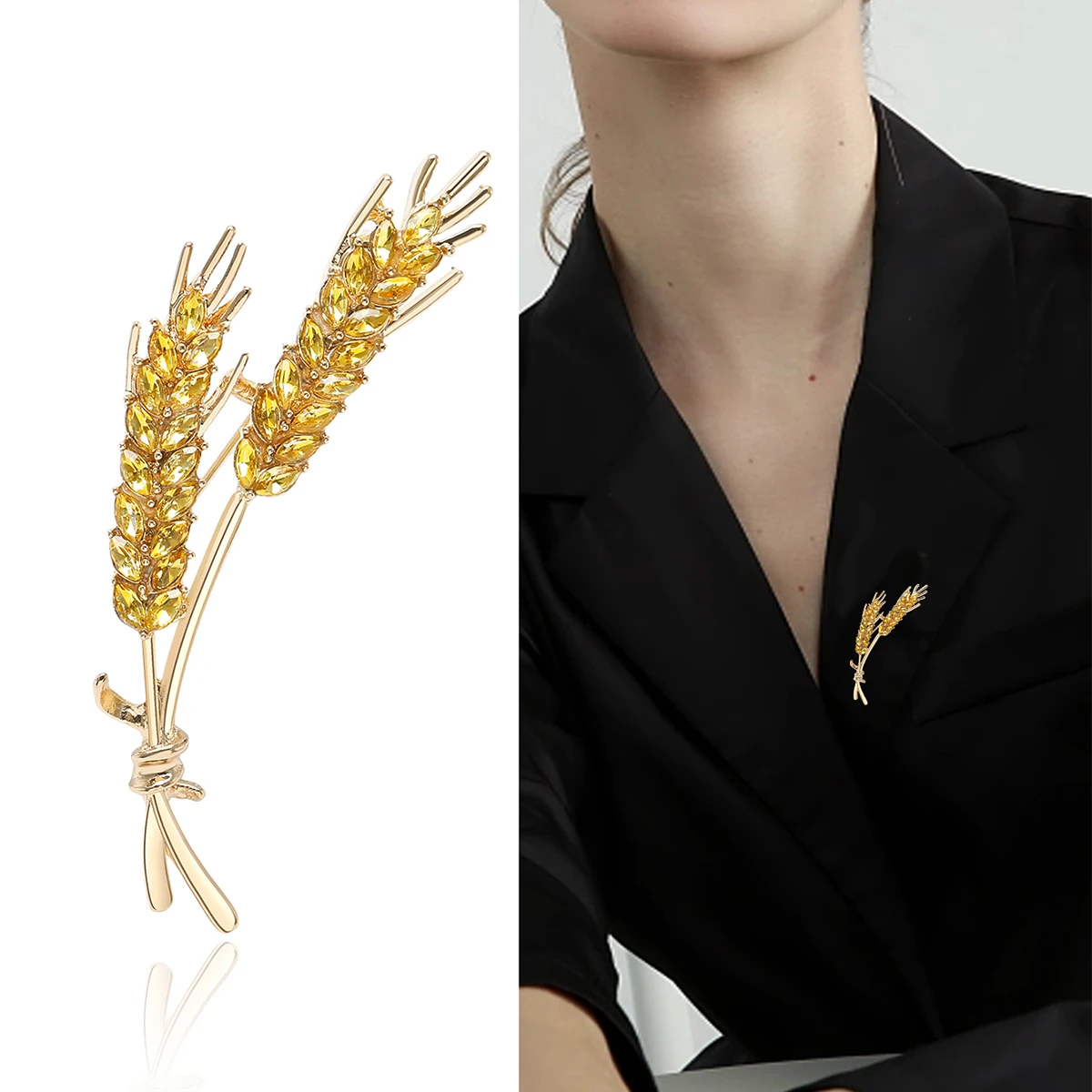 Rhinestone Wheat Ear Brooch Women Ukrainian Wheats Pin Enamel Plant Badges Event Party Decoration Clothes Accessories