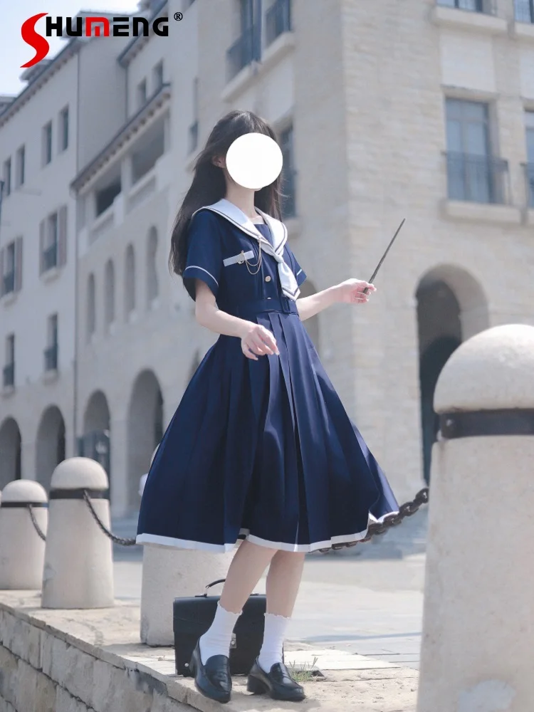 

Japanese Sweet Preppy Style JK Uniform Sailor Collar Short Sleeve Double Breasted High Waist Belt A-line Pleated Dress Women