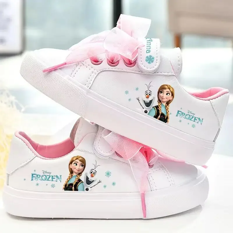 Disney girls frozen princess white Bow pu shoes non-slip soft bottom sports casual shoes for girl gift