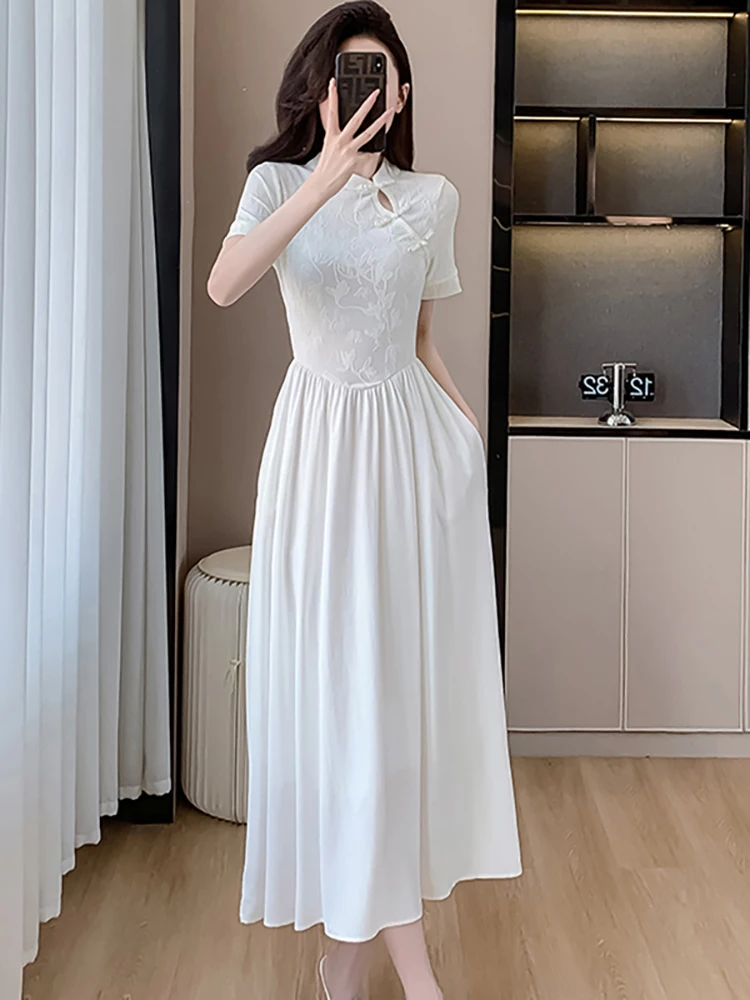 

White Jacquard Patchwork Fake Two Piece Midi Women's Dress Summer Short Sleeve Bodycon Prom Clothes 2024 Korean Vintage Vestidos