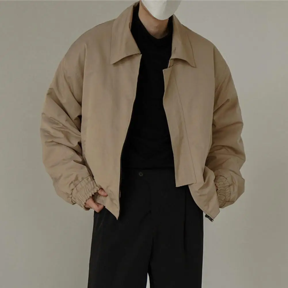 Men Jacket Zipper Closure Personality Long Sleeves Casual Short Polyester Solid Color Lapel Collar Men Coat Harajuku Jacket