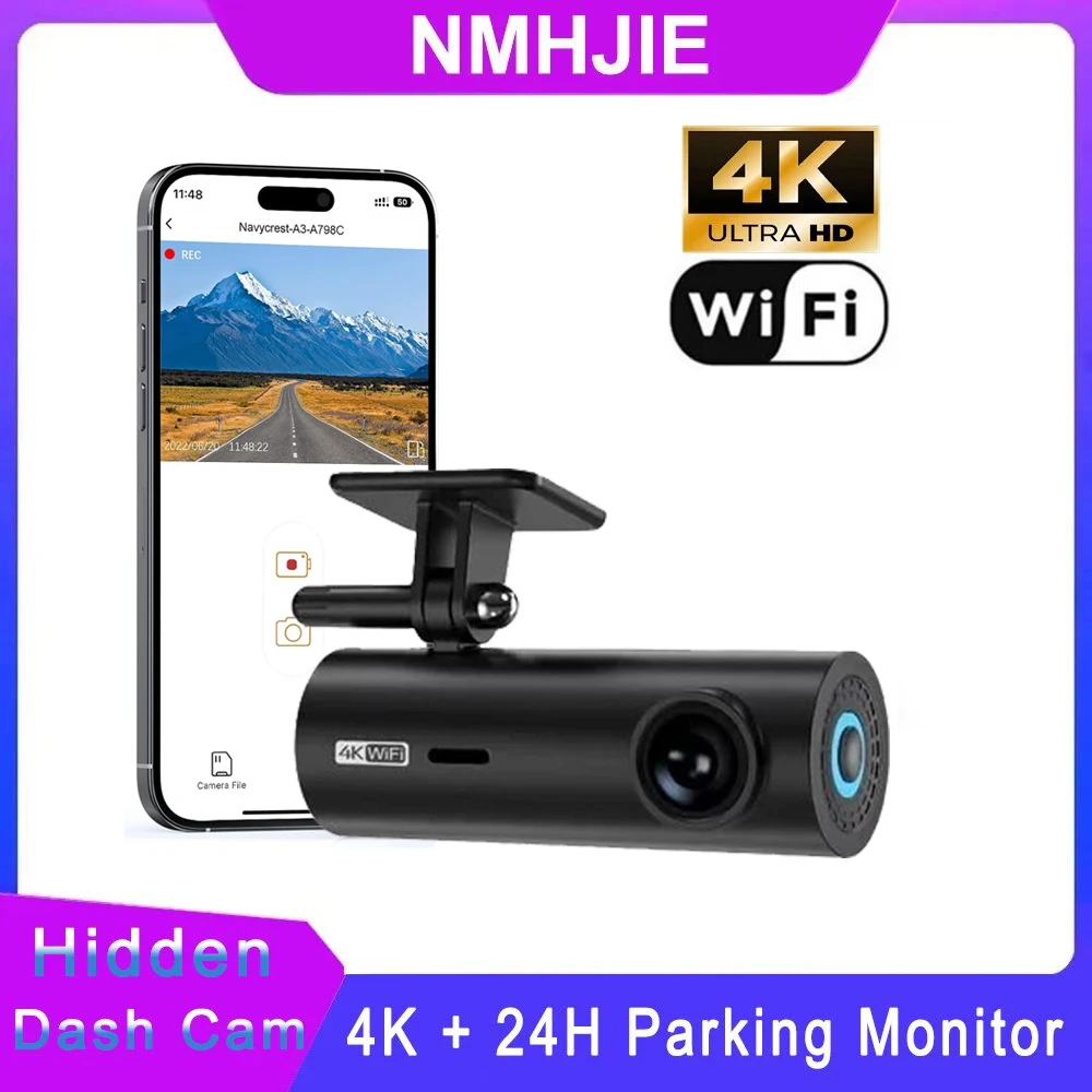 NMHJIE 4K 대시 캠, 와이파이, UHD, 3840x2160P, 자동차 DVR, 감시 카메라, 비디오 레코더, 대시 캠, 24 시간 주차 모니터
