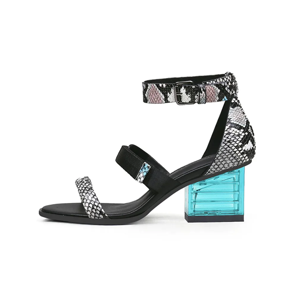 

Serpentine Leather Women Summer Sandals Chic Design Strap Casual Beach Sandalias Clear Transparent Blue 6cm Square High Heels