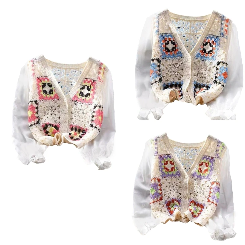 

Woman Knitted Crop Tops Vintage Long Puff Sleeve Knitwear Tops Patchwork Cardigans Crochet Blouse Short Tops Street Wear