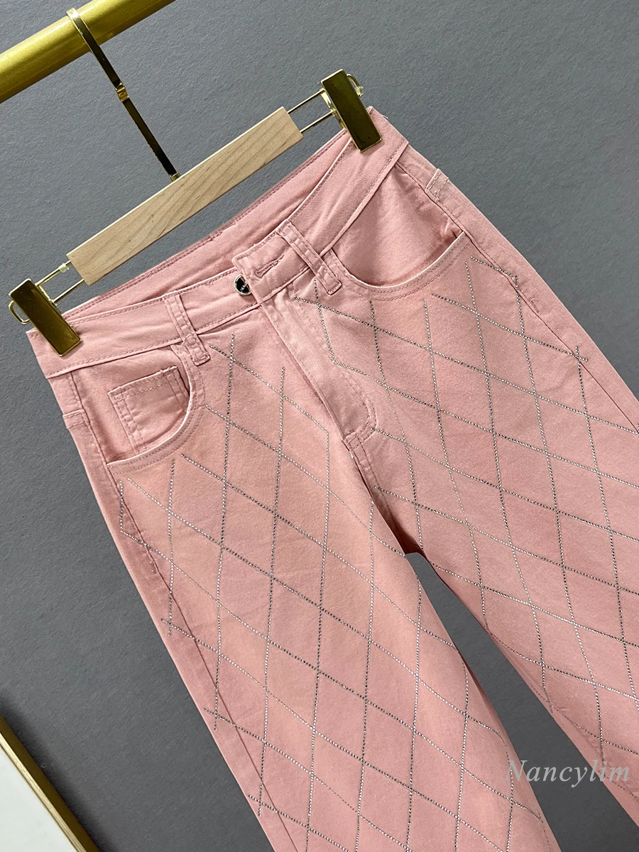 Rhinestone Denim Wide-Leg Pants for Women 2024 Spring and Summer New High Waist Loose and Slimming European Mop Trousers Jeans