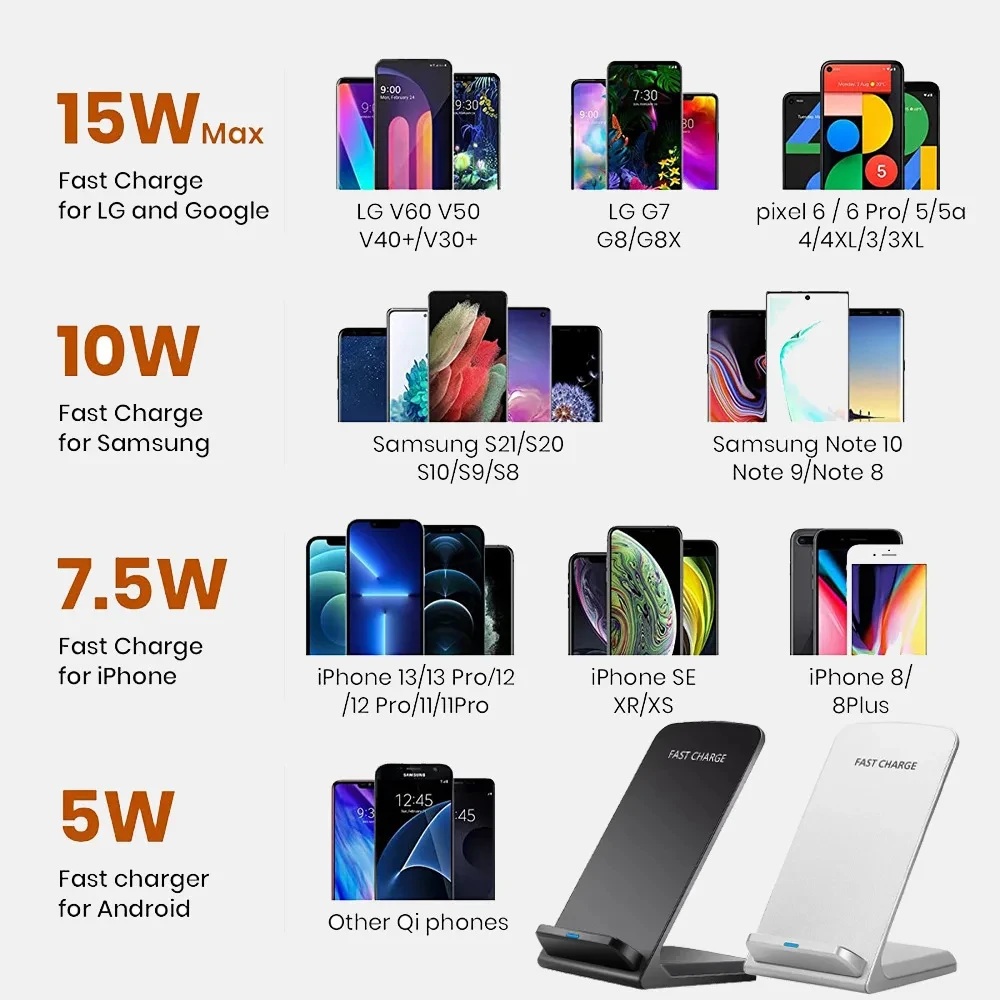 15W Qi Wireless Charger Stand Fast Charging Dock Station Phone Holder for iPhone 15 14 13 12 Pro XS Max XR Samsung Huawei Xiaomi wireless charger