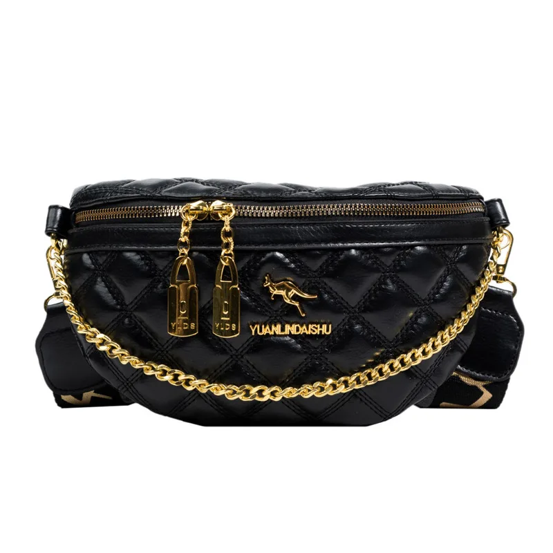 Rhombus Women'S Bag Chain Fanny Pack Ladies Crossbody Chest Bag Waist Packs Ladies Casual Soft Leather Messenger Shoulder Bag