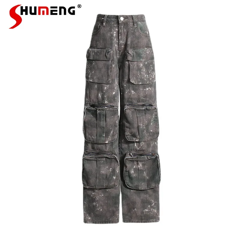 2023 Spring Autumn New Retro Design Pocket Wide Leg Jeans Camouflage Loose Slim Workwear Pants Personality Straight Trousers