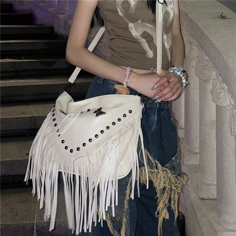 

Korean Original Y2k Tassels Butterfly Patchwork Rivet Designer Bag Hottie Streetwear Trendy Shoulder Bag White Messenger Bag