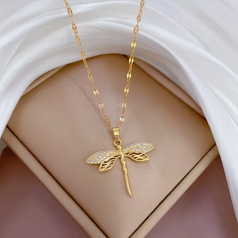DIEYURO 316L Stainless Steel Personality Dragonfly Pendant Necklace For Women Fashion Girls Collarbone Chain Party Jewelry Gifts_voghion.com