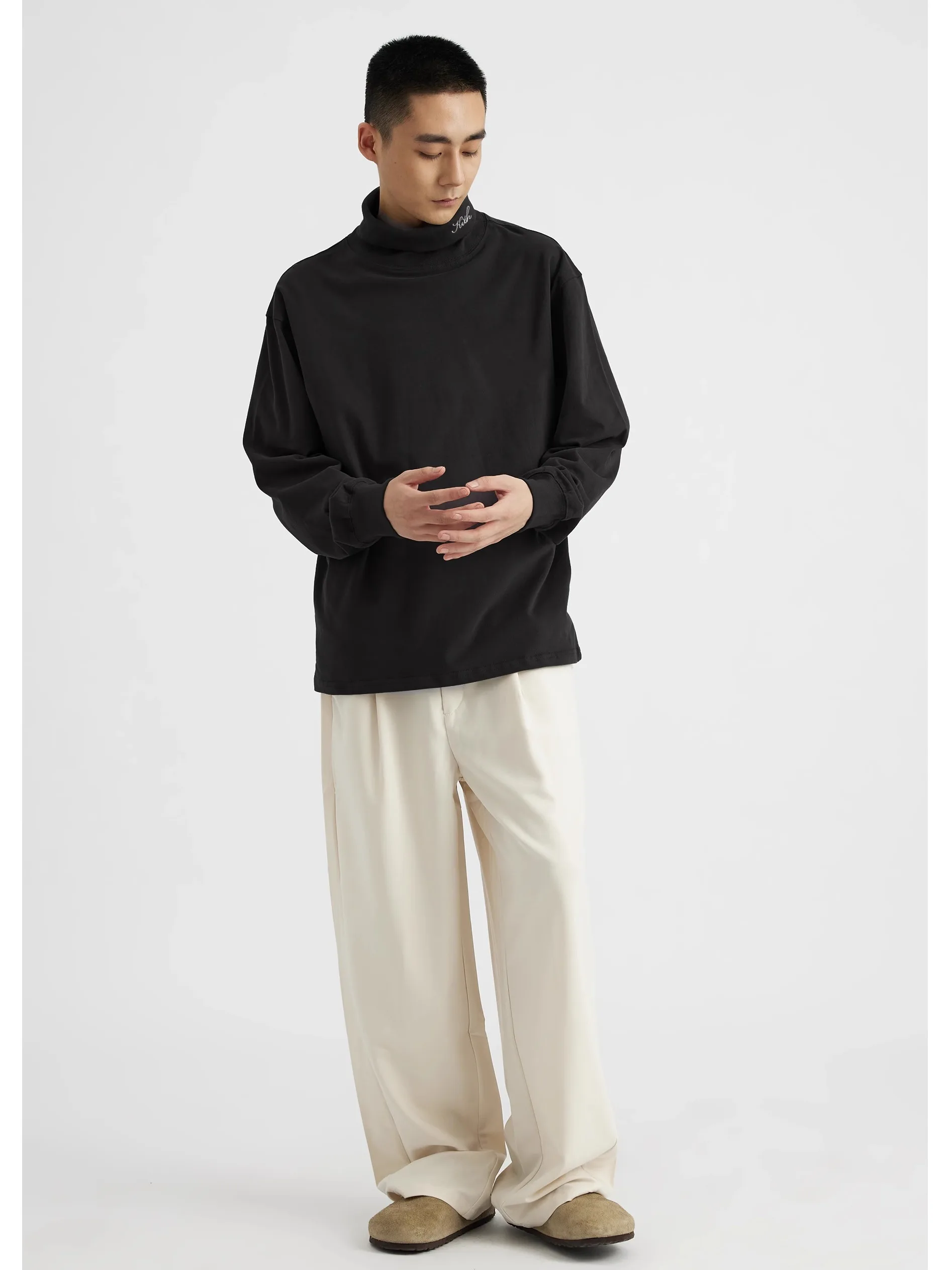 KITH 24 Autumn High Collar Long Sve Embroidered Logo Casual Pure Cotton Base Layer T-irt Men's Comfortable Warm Underwear