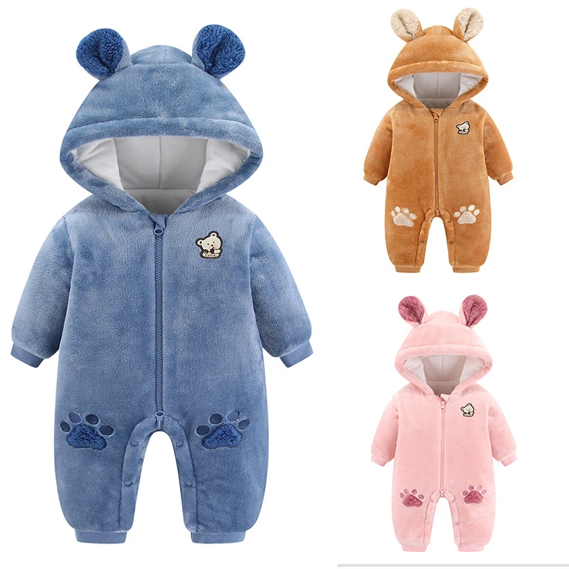 

Cute Plush Bear Baby Rompers Toddler Girl Overall Jumpsuit Autumn Winter Hooded Zipper Baby Boys Romper Infant Crawling Clothing