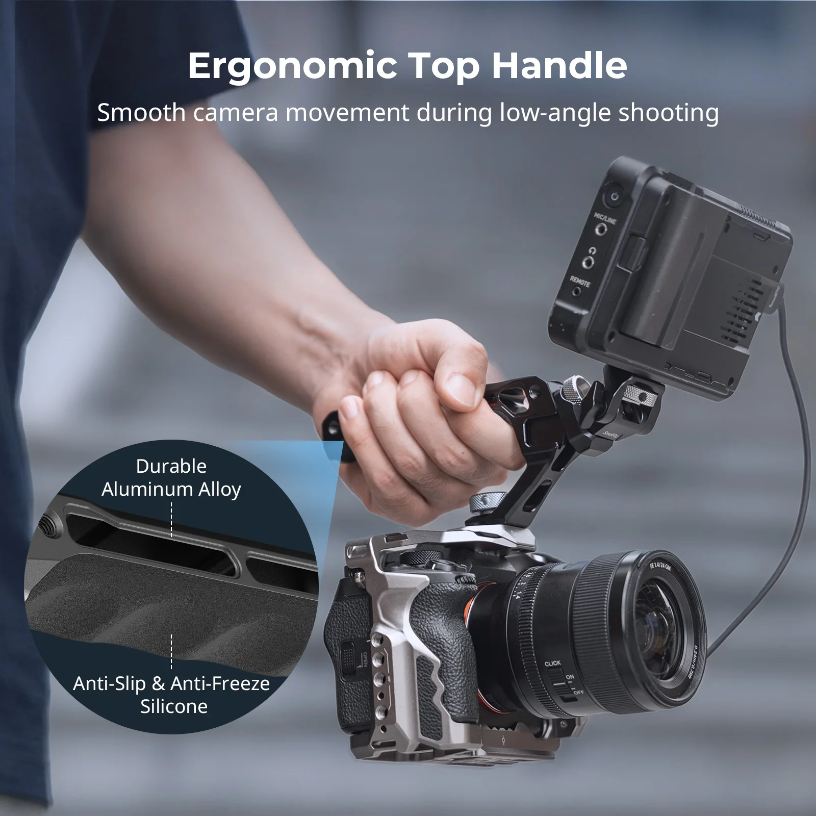 모니터 마운트 키트가 포함된 SmallRig 탑 핸들, ARRI용 3/8-16 위치 지정 구멍, 1/4-20 구멍, 360도 °   회전 및 180도 °   기울기 조절 가능