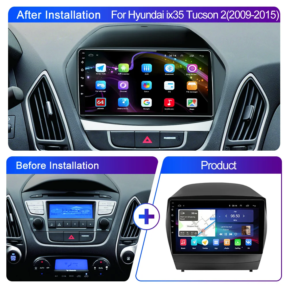 LEHX 자동차 라디오 멀티미디어 비디오 플레이어 안드로이드 14 2 din CarPlay 자동 DVD For Hyundai Tucson 2 LM Ix35 2009 - 2015 autoradio GPS