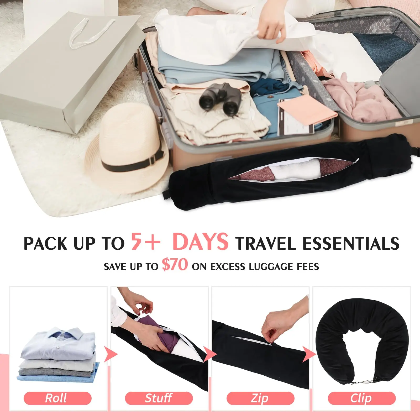 Stuffable Travel Pillow, Stuffable Neck Pillow for Travel, Neck Pillows Stuffed with Clothes Storage - No Extra Baggage Fees - 2