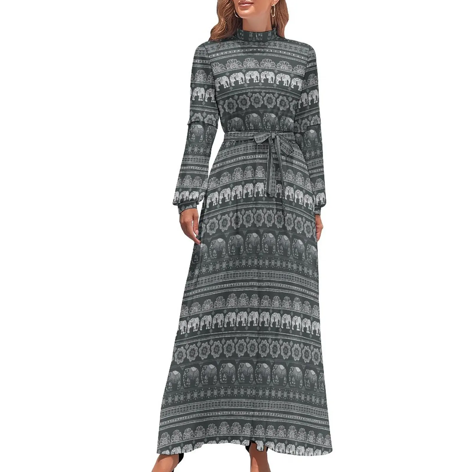 

Boho Elephant Dress High Neck Vintage Print Custom Boho Beach Dresses Long Sleeve Stylish Long Maxi Dress Cute Clothes